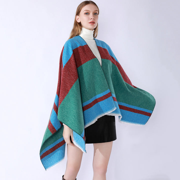 Damen Leichter Capeponcho aus Feinstrick mit geometrischem Blockstreifen-Design Drune