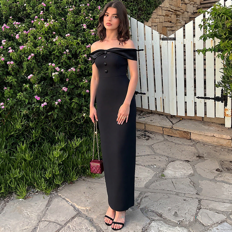 Damen Damenhaftes Maxi-Kleid mit off-shoulder Design und eleganten Knopfdetails Drune