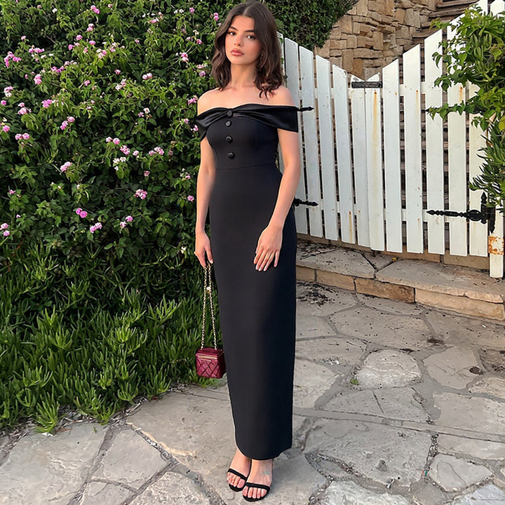 Damen Damenhaftes Maxi-Kleid mit off-shoulder Design und eleganten Knopfdetails Drune