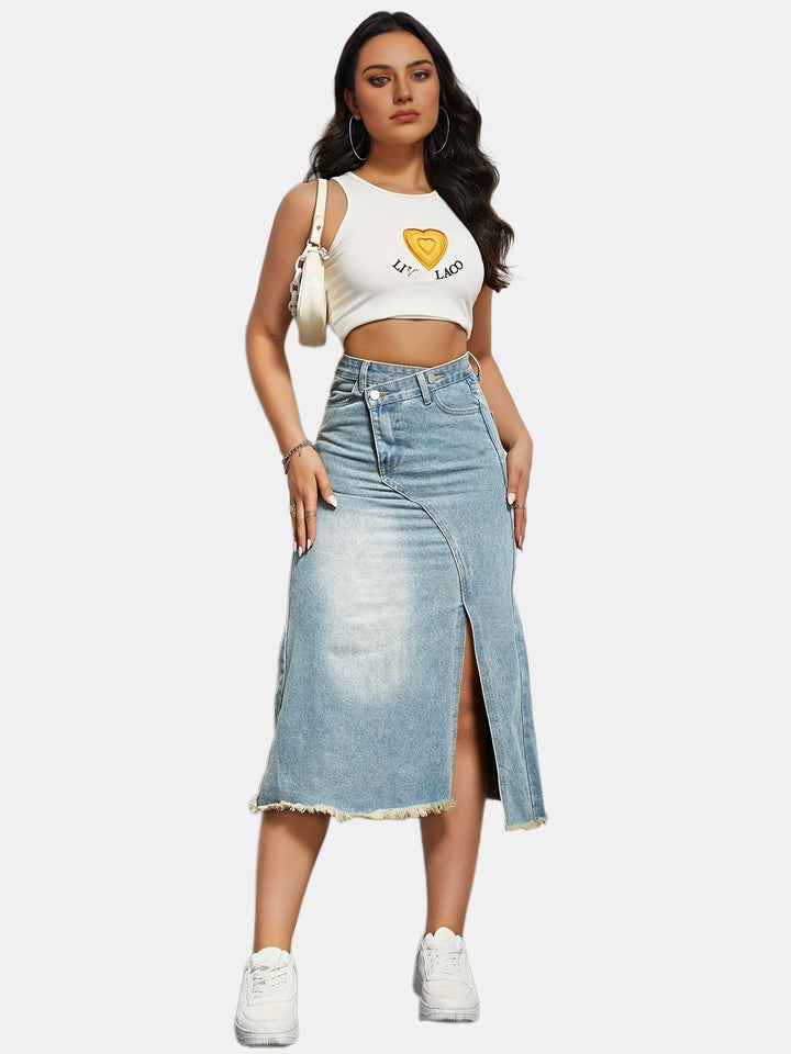 Damen nan asymmetrischer Highwaist-Denim-Midirock mit vorderlichem Schlitz und ausgefranstem Saum Drune