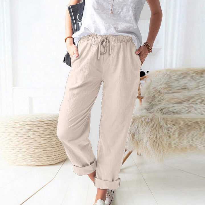 Damen Lockere Leinenoptik-Hose mit Elastischem Bund, Kordelzug und Aufgeschlagenem Saum Drune