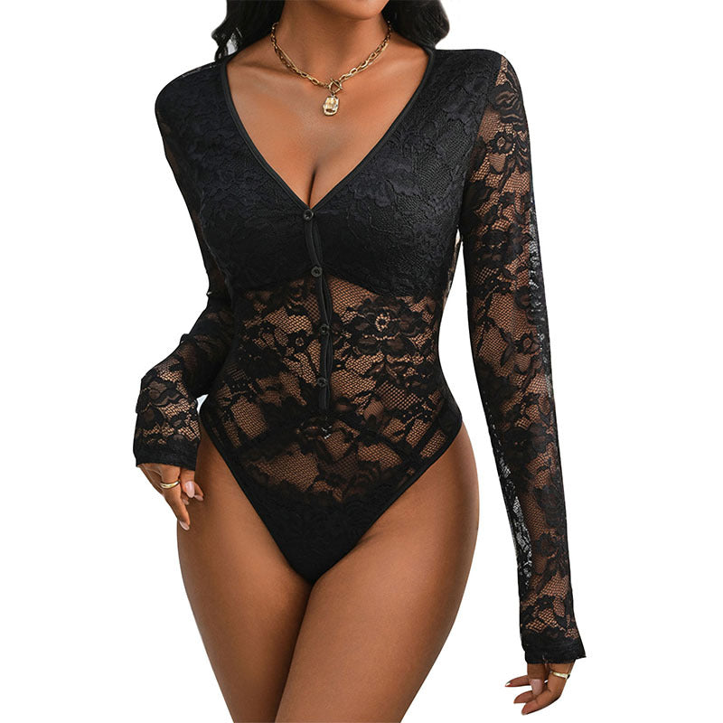 Damen Figurbetonter Spitzen-Body mit durchscheinender Spitze, V‑Ausschnitt und Zierknopfleiste Drune