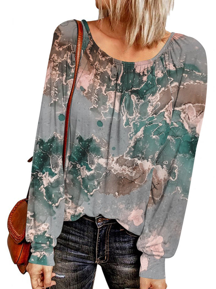 Damen Ethno-Print Oversize-Tunika mit Rundhalsausschnitt und langen Ballonärmeln Drune