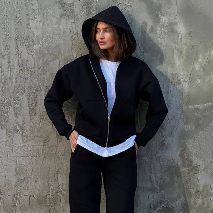 Damen kurzes Zip-Hoodie und hochtaillierte Komfort-Jogginghose-Set aus weichem Fleece Drune