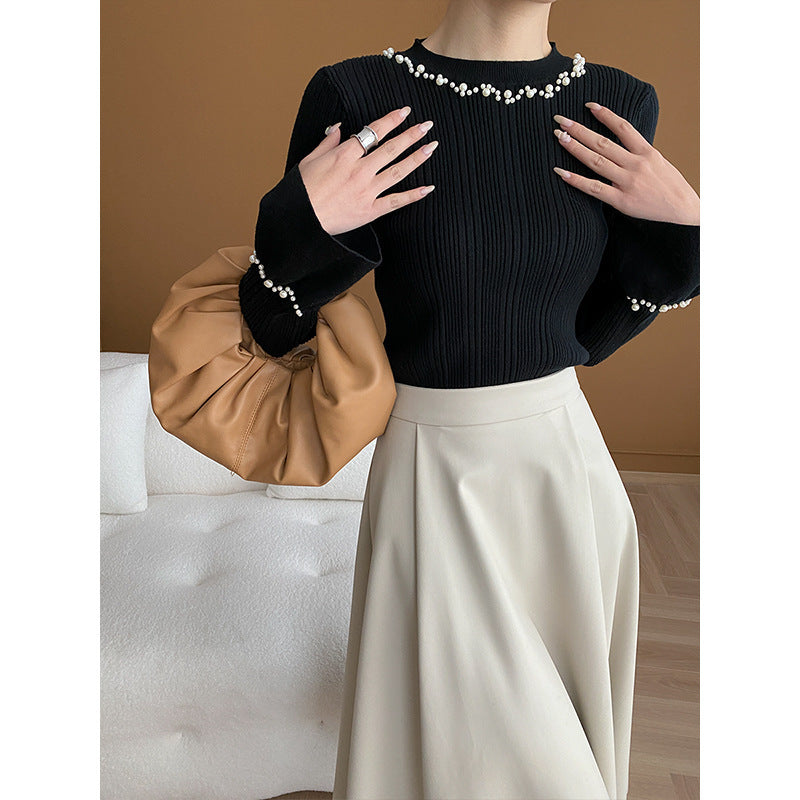 Damen Langarm Pullover mit Perlenschmuck Drune