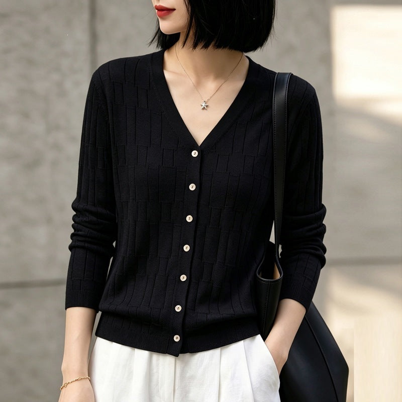 Damen V‑Ausschnitt-Feinstrickcardigan mit strukturierter Blockoptik und durchgehender Knopfleiste Drune