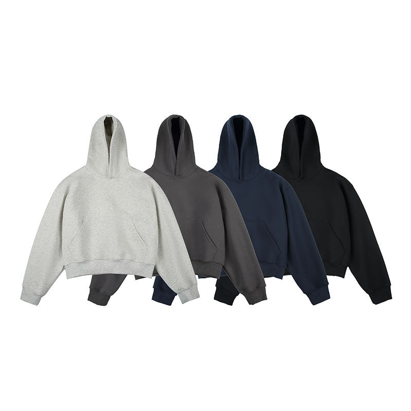 Unisex Kastiger gekürzter Kapuzenpullover mit Kängurutasche und geripptem Saum Drune