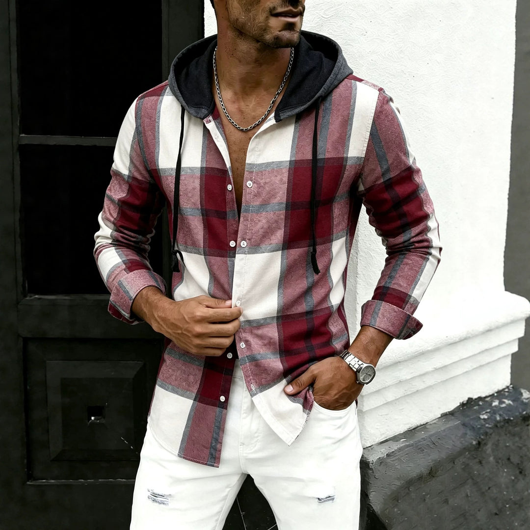Herren lässige Flanell-Hemdjacke mit Kapuze und grafischem Karomuster Drune