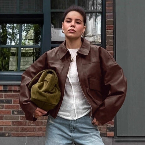 Damen Kunstlederjacke im leicht Oversized-Schnitt mit praktischen Taschen und elastischer Taille Drune