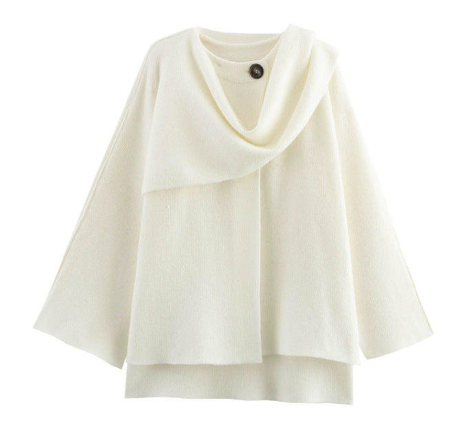 Damen 900+ drapierter Oversize Poncho‑Pullover mit Wasserfallkragen und Zierknopf Drune