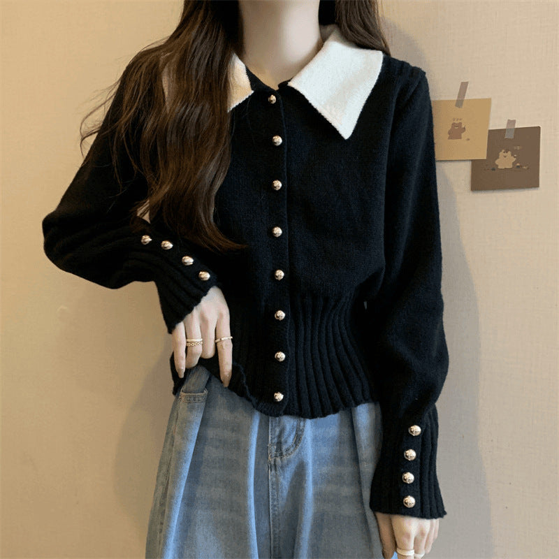 Damen Eleganter Strickpullover mit Kragen und Knopfdetails Drune