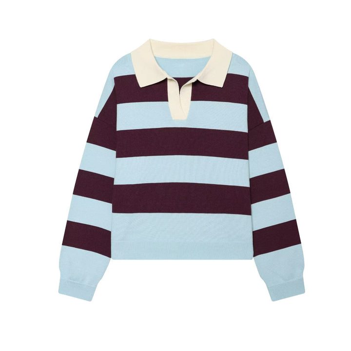 Damen Gestreifter Rugby-Polo-Pullover mit V-Notch und Cropped-Saum Drune