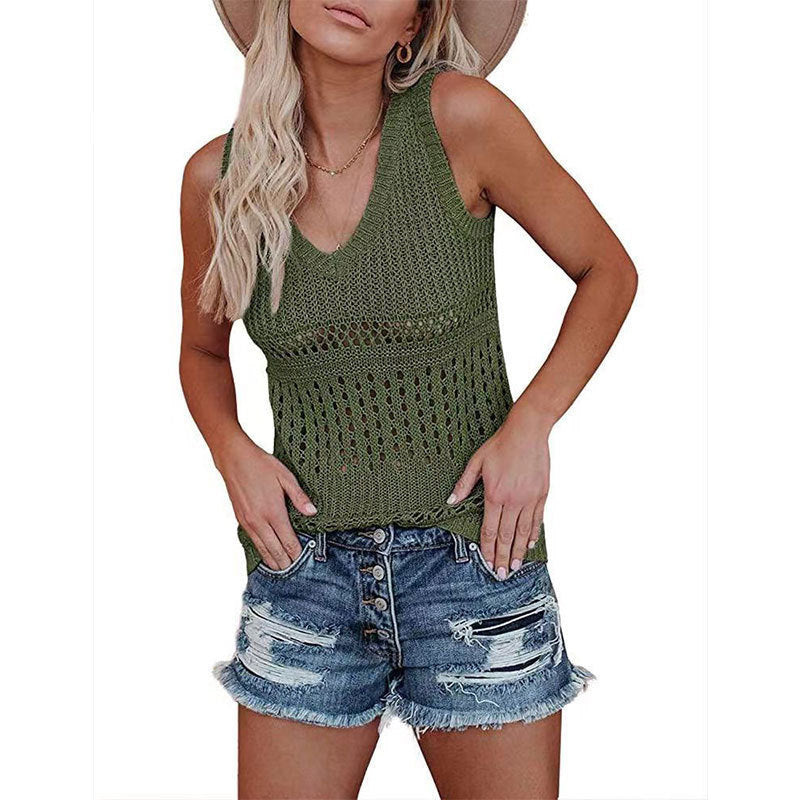 Damen luftiges Stricktop mit V-Ausschnitt und feinen Lochmustern Drune