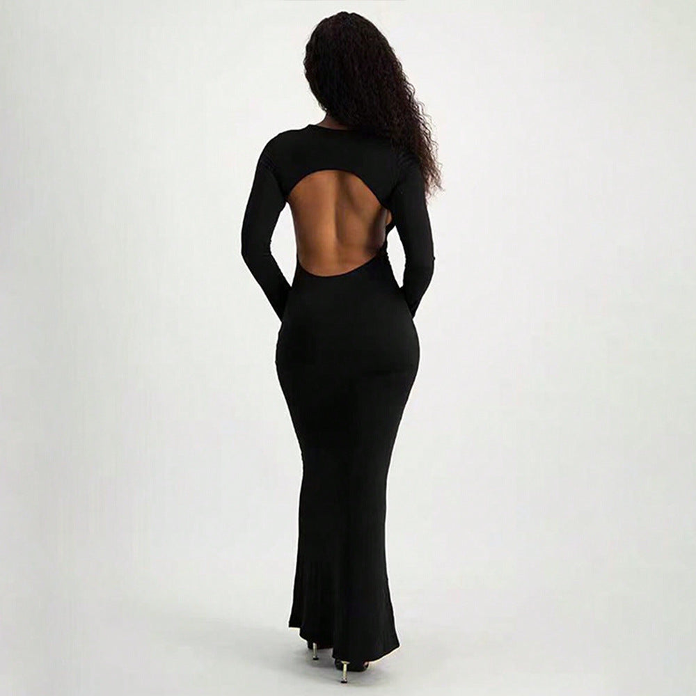 Damen Elegantes Langarm-Maxi-Kleid mit figurbetonter Silhouette und Schlüssellochausschnitt Drune