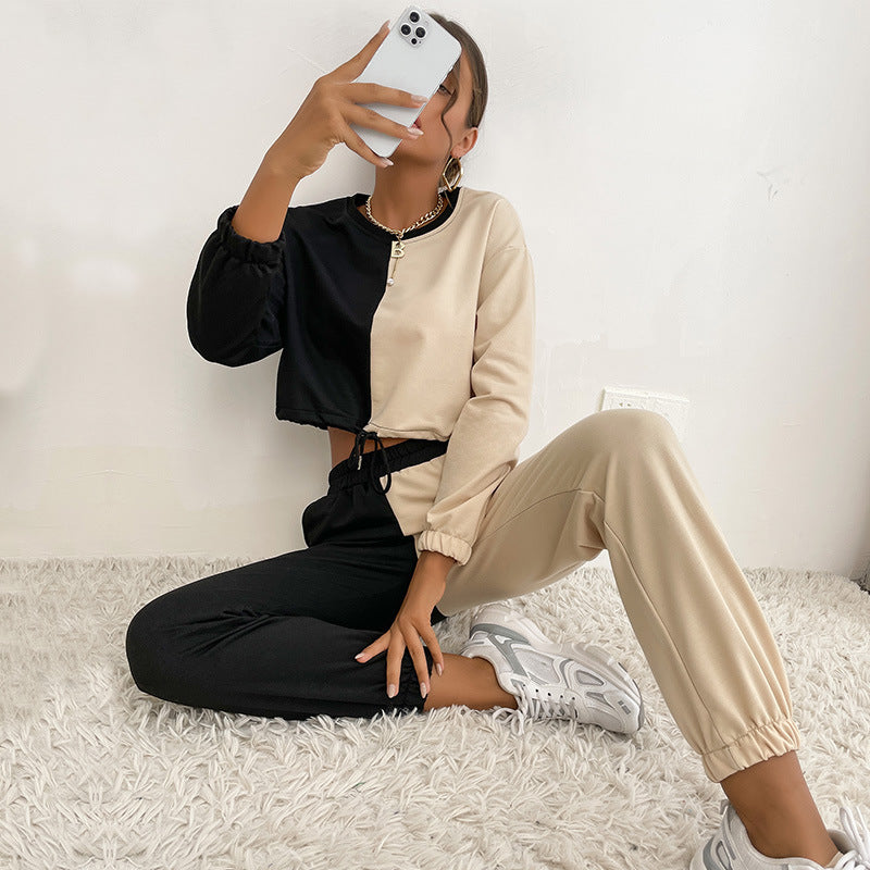 Damen Zweiteiliges Cropped-Lounge-Set mit Farbblock-Optik, Kordelzug und Jogger Drune