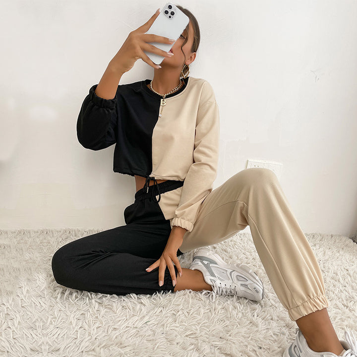 Damen Zweiteiliges Cropped-Lounge-Set mit Farbblock-Optik, Kordelzug und Jogger Drune
