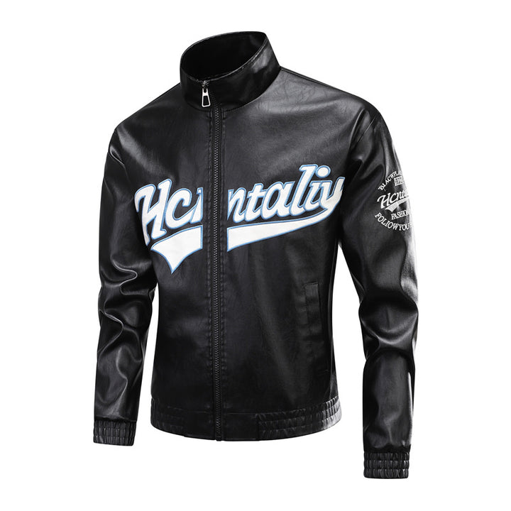 Herren Lederimitat-Bomberjacke mit Stehkragen, Logostickerei & Frontzip Drune