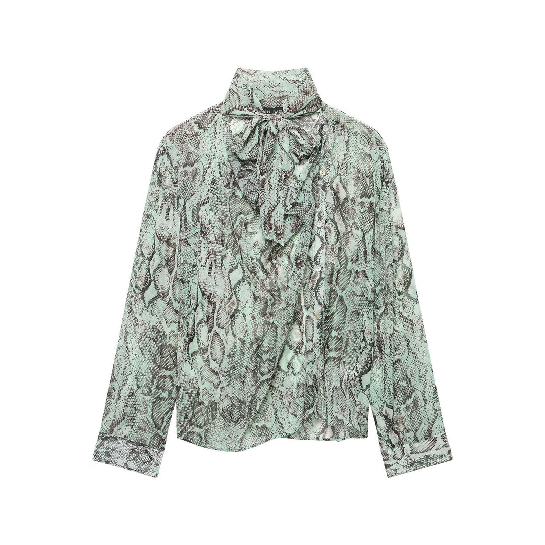 Damen Chiffonbluse mit Schleifenkragen und Schlangenprint Drune