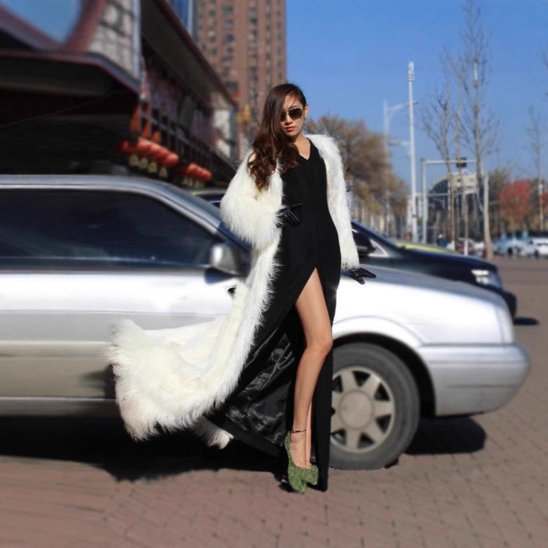 Damen extravaganter bodenlanger Hochflor-Faux-Fur-Mantel mit Schleppe und offenem Schnitt Drune
