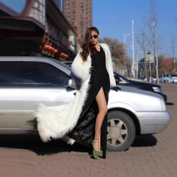 Damen extravaganter bodenlanger Hochflor-Faux-Fur-Mantel mit Schleppe und offenem Schnitt Drune