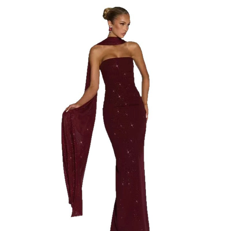 Damen elegantes Abendkleid mit schimmernden Pailletten und schulterfreiem Design Drune