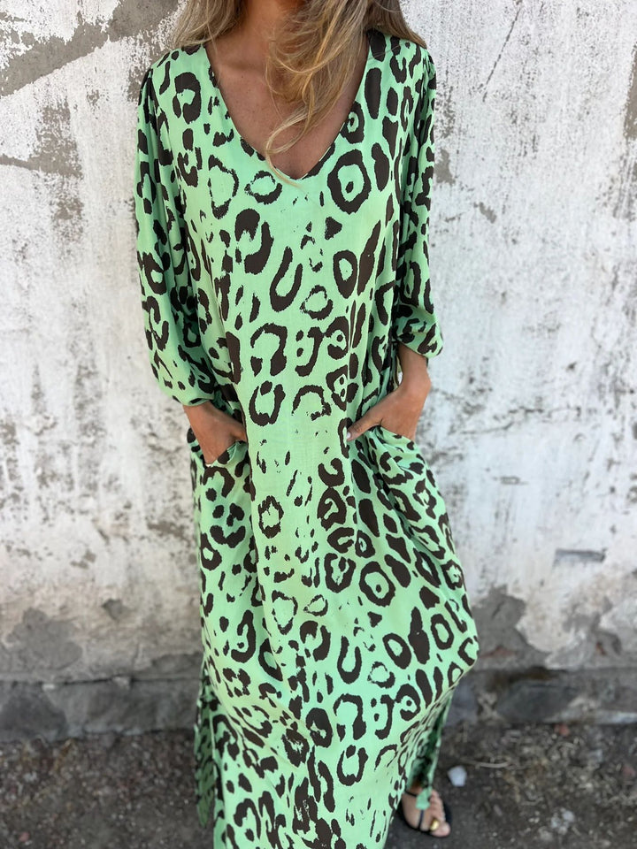 Damen V-Ausschnitt Maxikleid mit Seitentaschen und lockerer Passform Drune