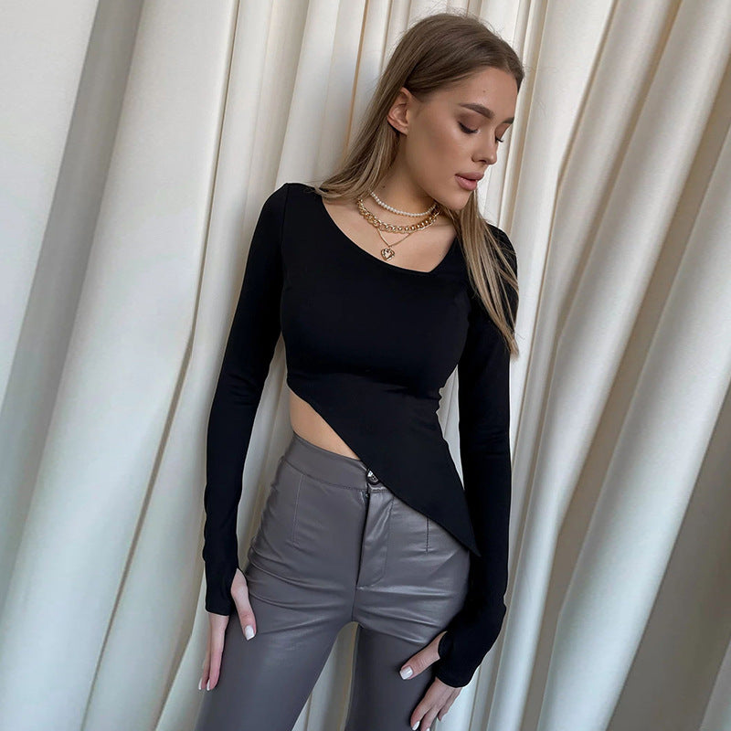 Damen Asymmetrisches tailliertes Cut-Out-Crop-Top mit langen Ärmeln Drune