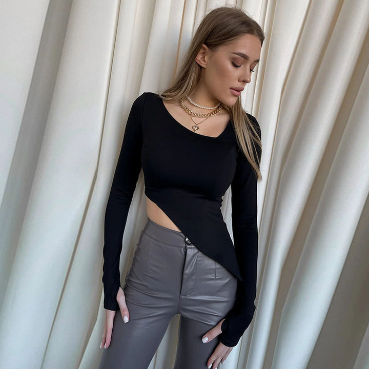 Damen Asymmetrisches tailliertes Cut-Out-Crop-Top mit langen Ärmeln Drune