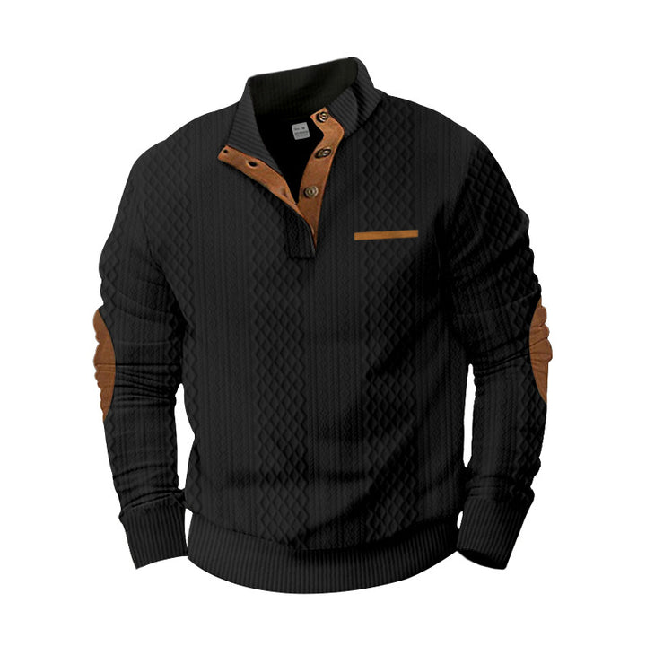 Herren nan strukturierter Strickpullover mit Stehkragen, Knopfleiste und Ellenbogenpatches Drune