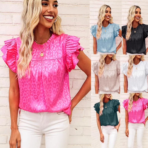 Damen Satinbluse mit Jacquard-Leoprint und gestuften Plissee-Volantärmeln Drune