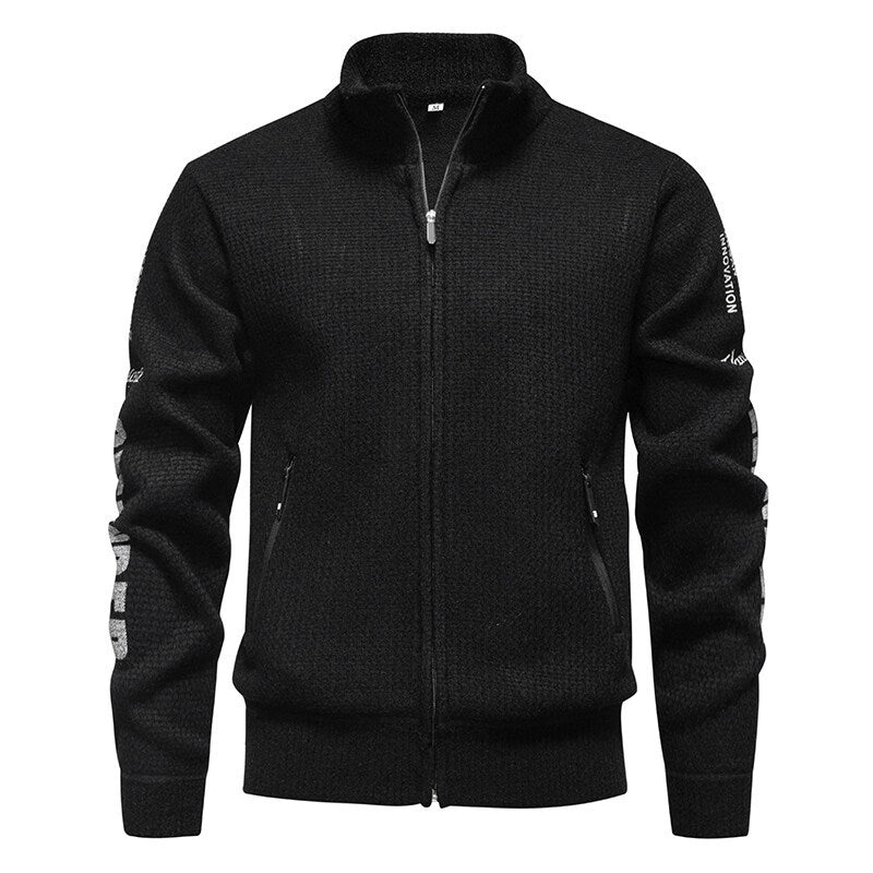 Herren Strukturierte Strickzipjacke mit Waffelstruktur, Stehkragen und Reißverschlusstaschen Drune