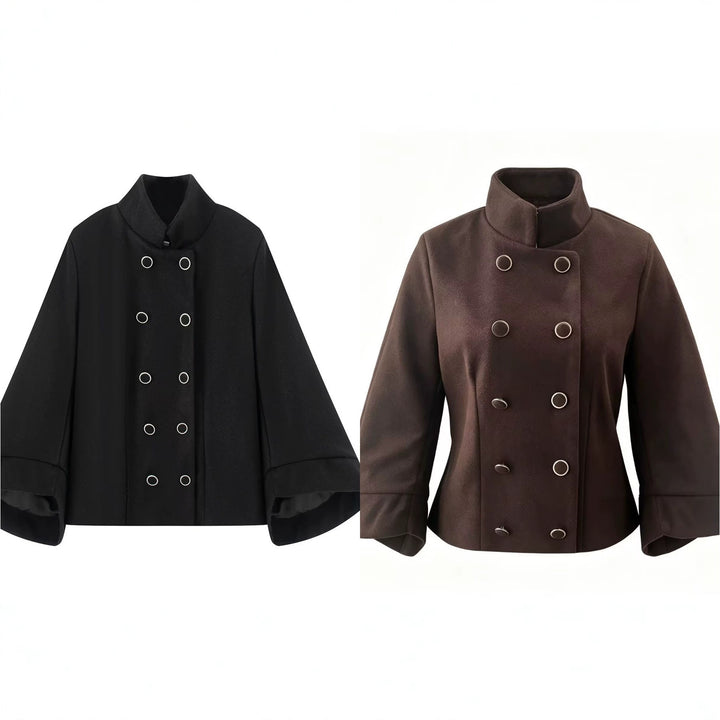 Damen Kurzer Doppelreihiger Wollmix-Mantel mit Stehkragen, Glockenärmeln und Metallknöpfen Drune