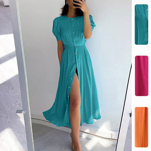 Damen Knielanges Hemdblusenkleid mit Knöpfen und seitlichem Schlitz Drune