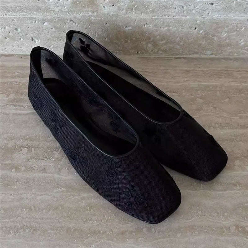 Damen Florale bestickte Ballerina-Slipper mit quadratischer Zehenbox und Mesh-Oberschuh Drune