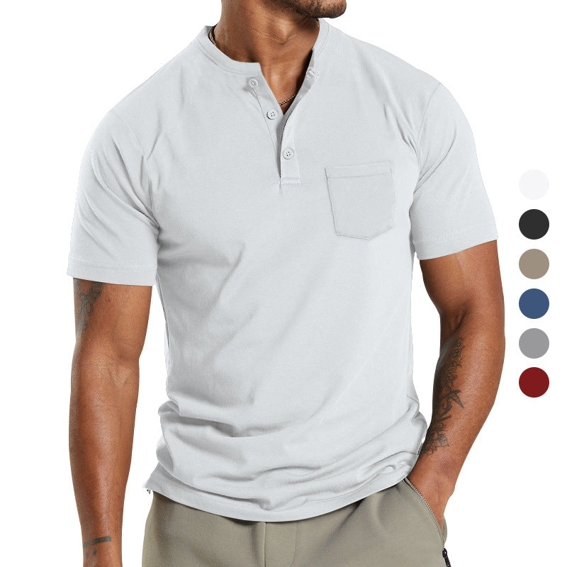Herren nan atmungsaktives Baumwoll-Elasthan Kurzarm-Henley mit Brusttasche Drune