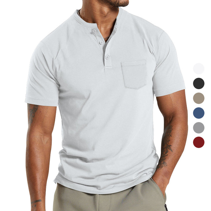 Herren nan atmungsaktives Baumwoll-Elasthan Kurzarm-Henley mit Brusttasche Drune