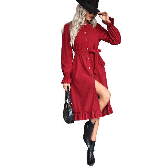 Damen langärmliges Wickelkleid mit Knopfdetails und taillierter Silhouette Drune
