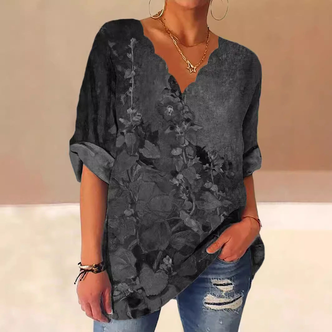 Damen Lockere Bluse mit Welligem V-Ausschnitt und Aquarell Floral Print Drune