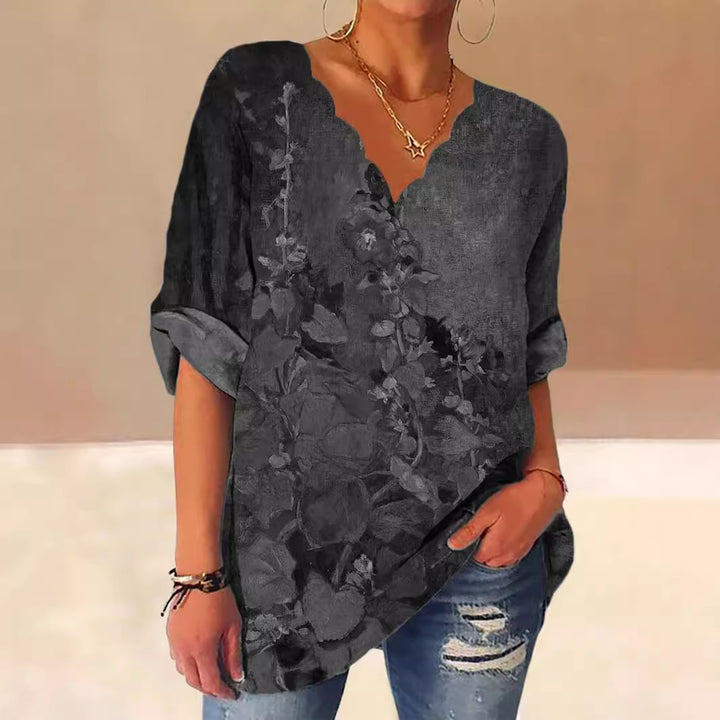 Damen Lockere Bluse mit Welligem V-Ausschnitt und Aquarell Floral Print Drune