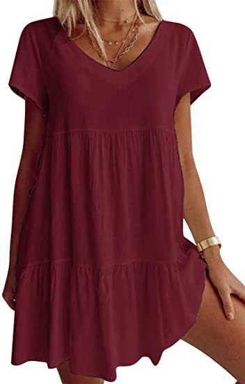 Damen lässiges und leichtes Sommerkleid mit V-Ausschnitt und voluminösem Rock Drune