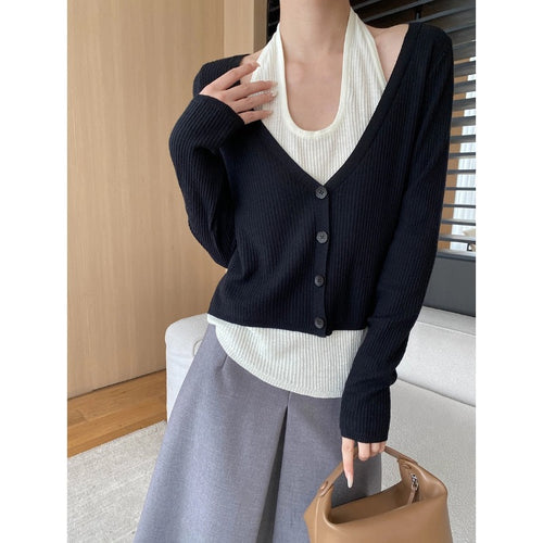 Damen lässige Strickjacke mit V-Ausschnitt und Knopfdetails Drune