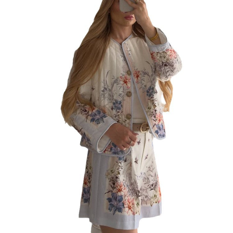 Damen Zweiteiliges florales Bouclé-Jacken- und Faltenminirock-Set Drune