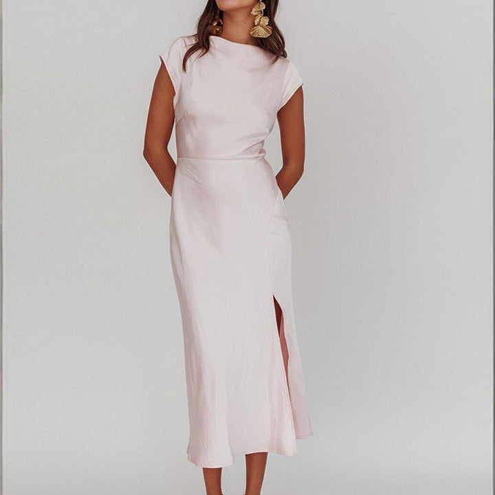 Damen Elegantes Midi-Kleid mit schickem Stehkragen und fließendem Satin Drune