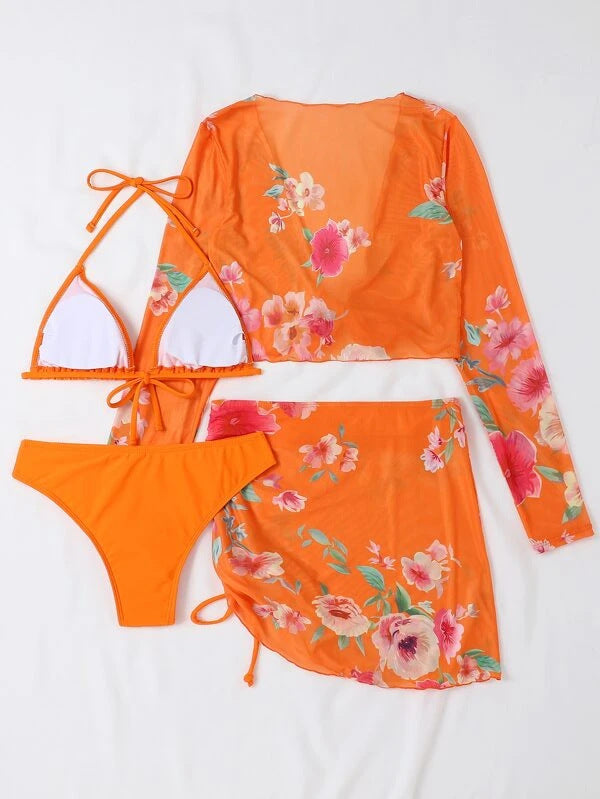 Damen Elegantes Badeoberteil mit floralem Design und Krawattenverschluss Drune