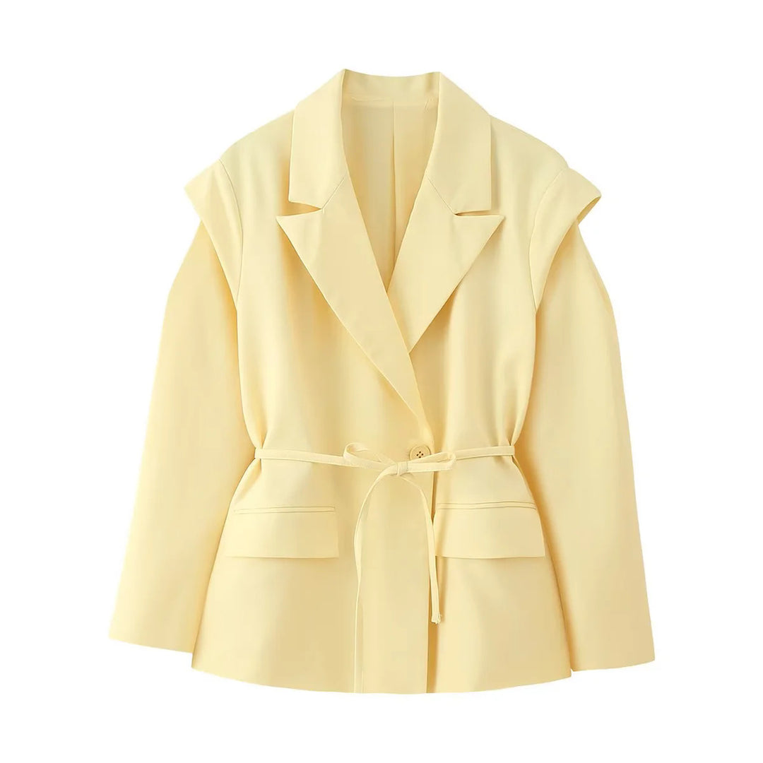 Damen elegante Oversized-Blazerjacke mit Gürtel und Schulterpolstern Drune
