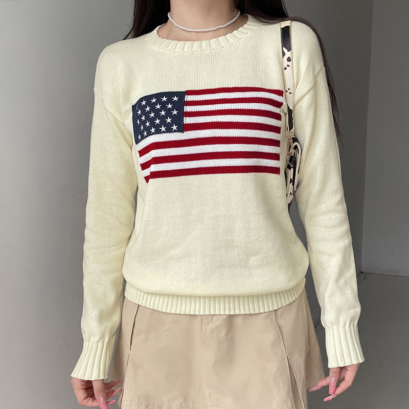 Damen Kuscheliger Baumwollmix-Strickpullover mit Rundhals und eingestrickter Flaggenapplikation Drune