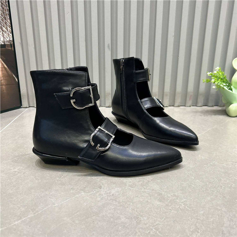 Damen Spitz zulaufende Ankle-Boots mit Doppelriemen, Schnallen und niedrigem Blockabsatz Drune