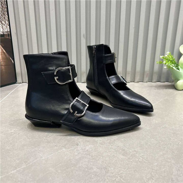 Damen Spitz zulaufende Ankle-Boots mit Doppelriemen, Schnallen und niedrigem Blockabsatz Drune