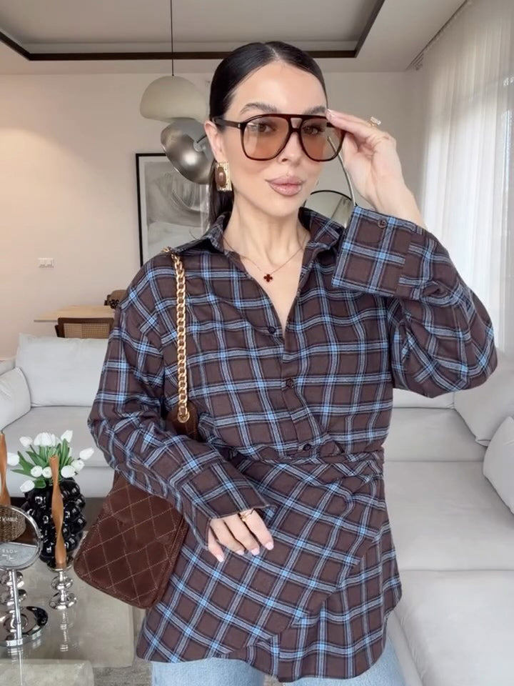 Damen Oversize-Kariertes Hemd mit Taillengürtel und verlängertem Rückensaum Drune