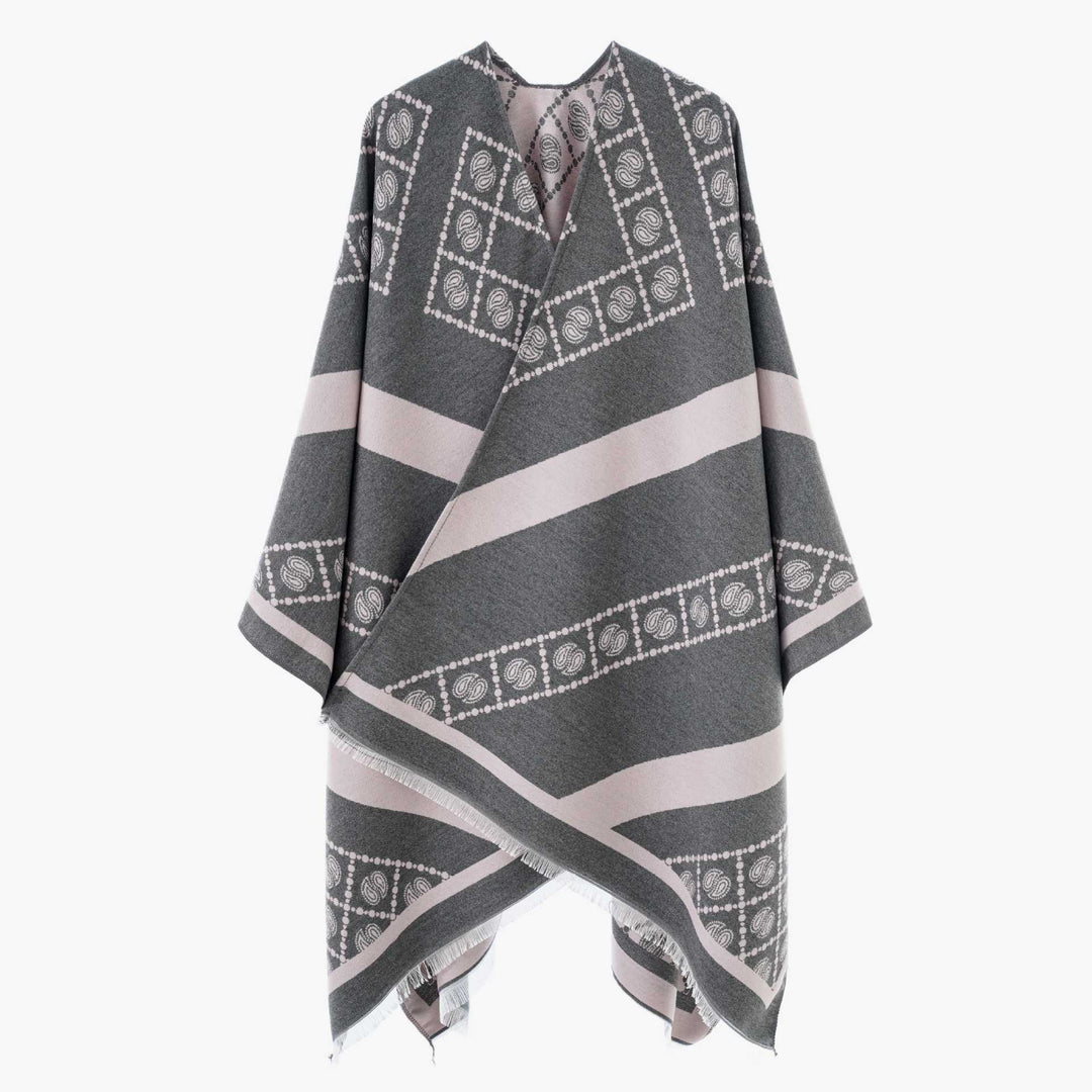 Damen Jacquard-Überwurf im Cape‑Stil mit Paisley‑Bordüre und Fransen Drune